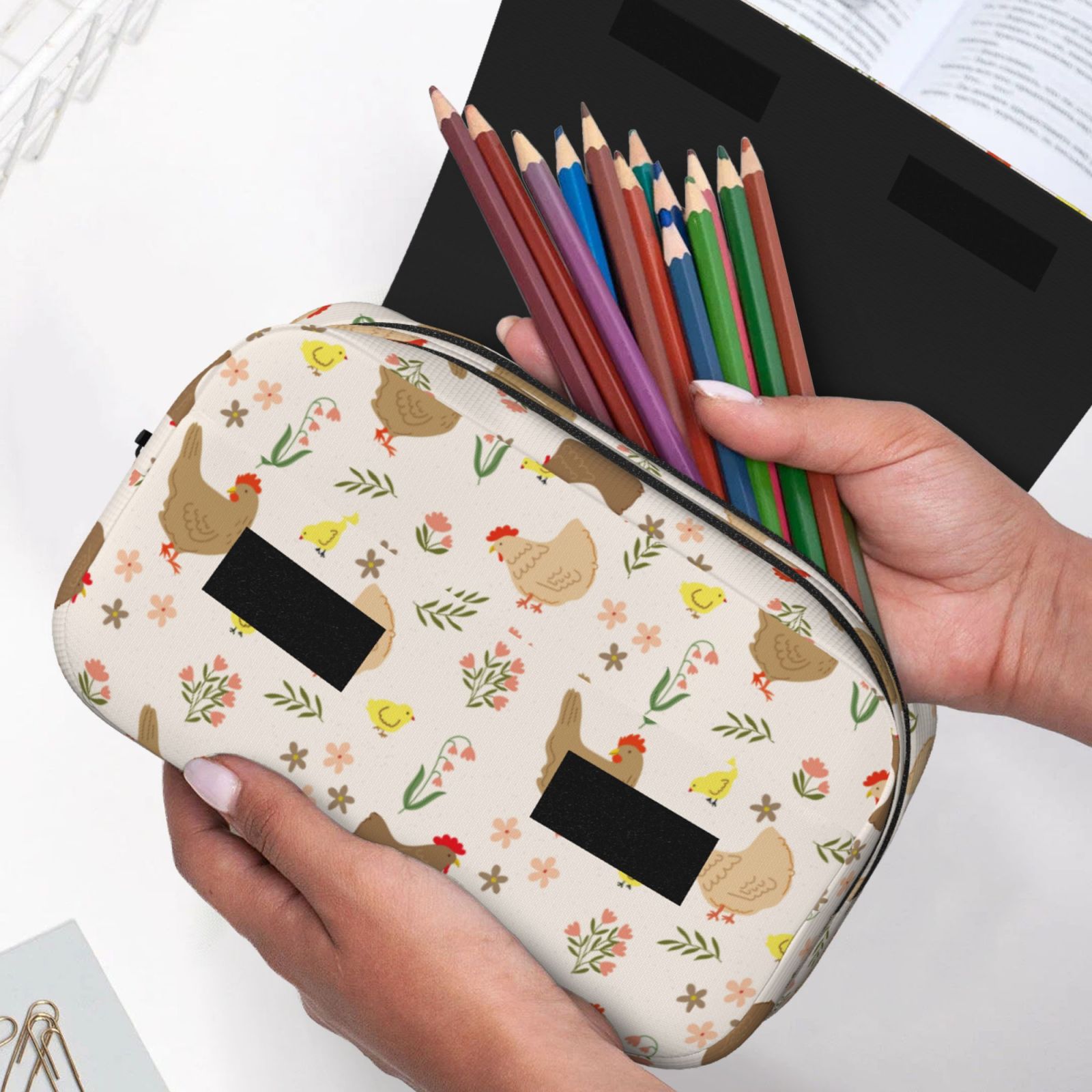 Rateoe Chicken Family Pattern Double Clamshell Pen Case, Storage Organizer with Two Zipper Compartments– Holds Up to 50 Pencils & Pens