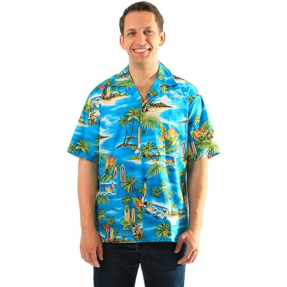 Fabriqué en Hawaii Hommes Chemise Hawaïenne Chemise Aloha en Palmiers Surfeurs Oiseau de Paradis en Rouge S