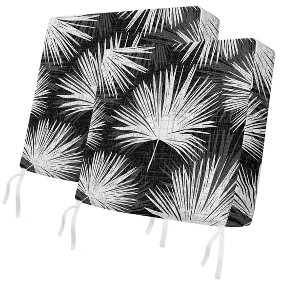 Outdoor Patio Cushion Covers 2 Pack Black Palm Fronds Chair Pads Slipcovers with Ties & Zipper Waterproof Seat Cover Set Coastal Tropical Leaves Seat Cushion Covers for Outdoor Couch Sofa 22x20 Inch