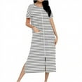 thumbnail image 2 of Women Robes Zipper Front Short Sleeve Full Length Housecoat with Pockets Stripe Loungewear Nightgown Dress Gray L, 2 of 7