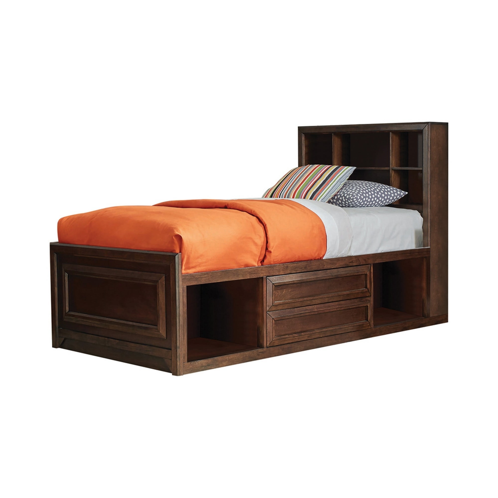 Wooden Twin Size Bed with Bookcase Headboard and Side