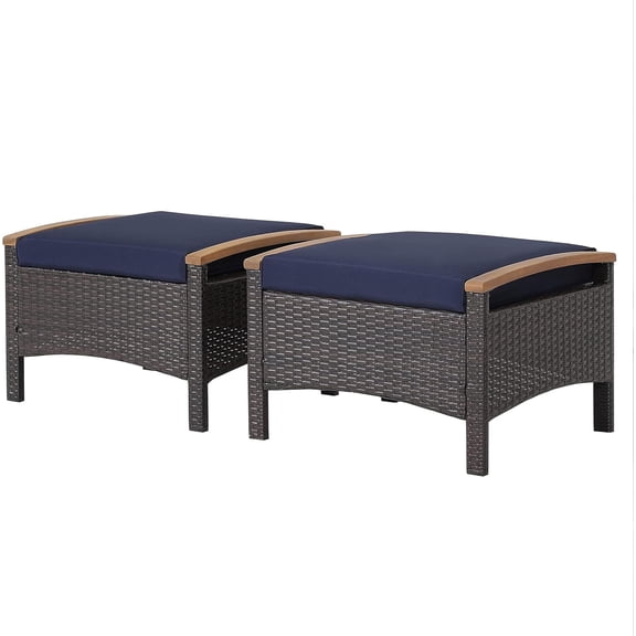 RONG-3 Outdoor Patio Ottoman Set, PE Rattan Wicker Ottomans with Removable Cushions and Solid Acacia Wood Handle Outdoor Footstool Footrest Set Seats and Side Table Set