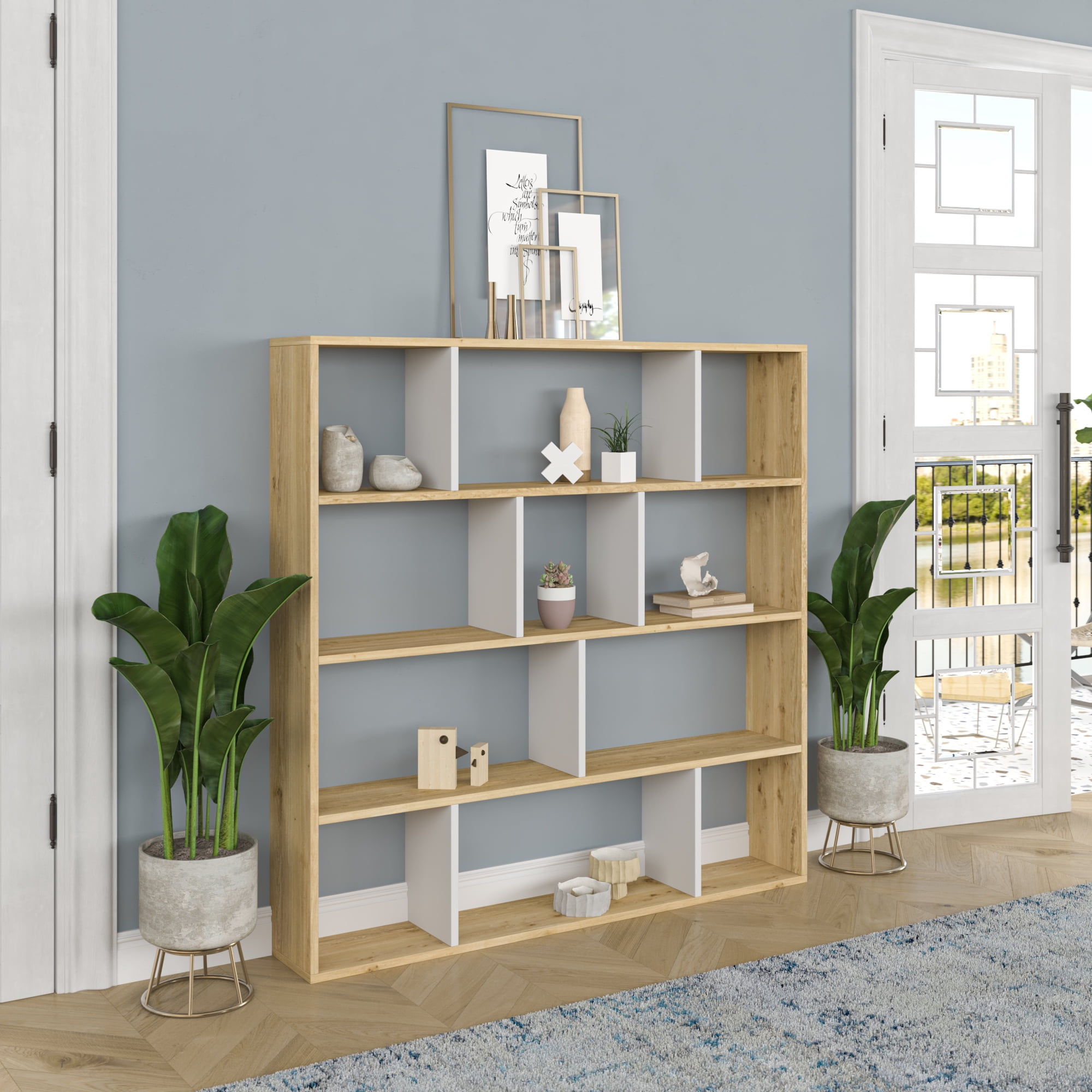 Ada Home Decor Hobdi 4 Tier Open Shelf Cube Modern Bookcase, Oak/White