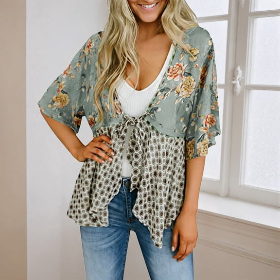Wxxbbeixxx Womens Tie Front Kimono Cardigans Floral Lightweight Ruffle 3/4 Sleeve Boho Flowy Beach Cover Ups