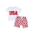 thumbnail image 2 of Aojekbee 4th of July Toddler Boys Outfits Fuzzy Letter Embroidery T-Shirts Stars Patrtern Checkerboard Shorts 2Pcs Clothes Set, 2 of 10