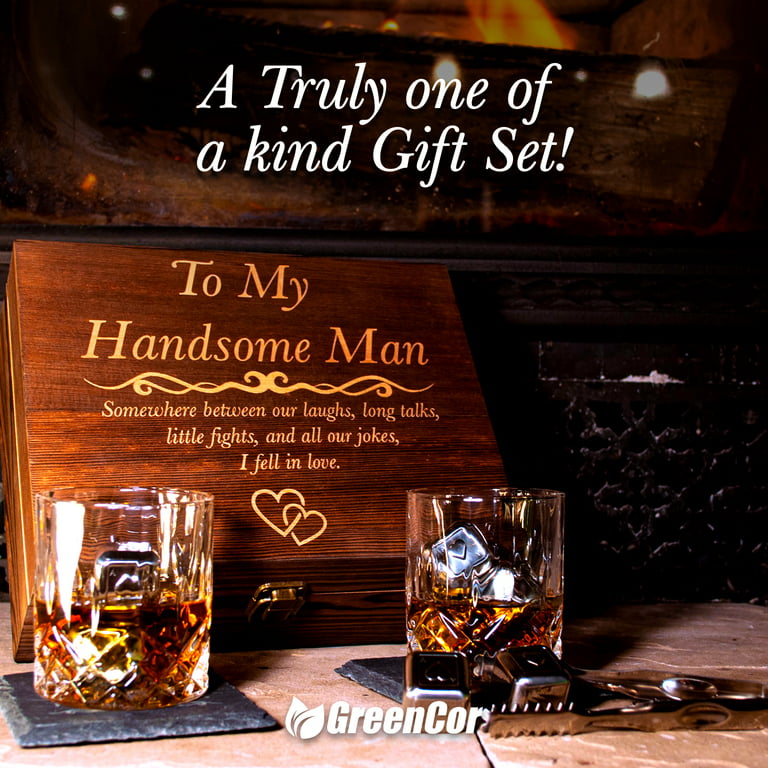 GreenCor Anniversary Gifts for Him | Boyfriend | Fiance | Men | Husband -  Whiskey Glass Set Engraved 'To My Handsome Man” Gifts for Birthday 