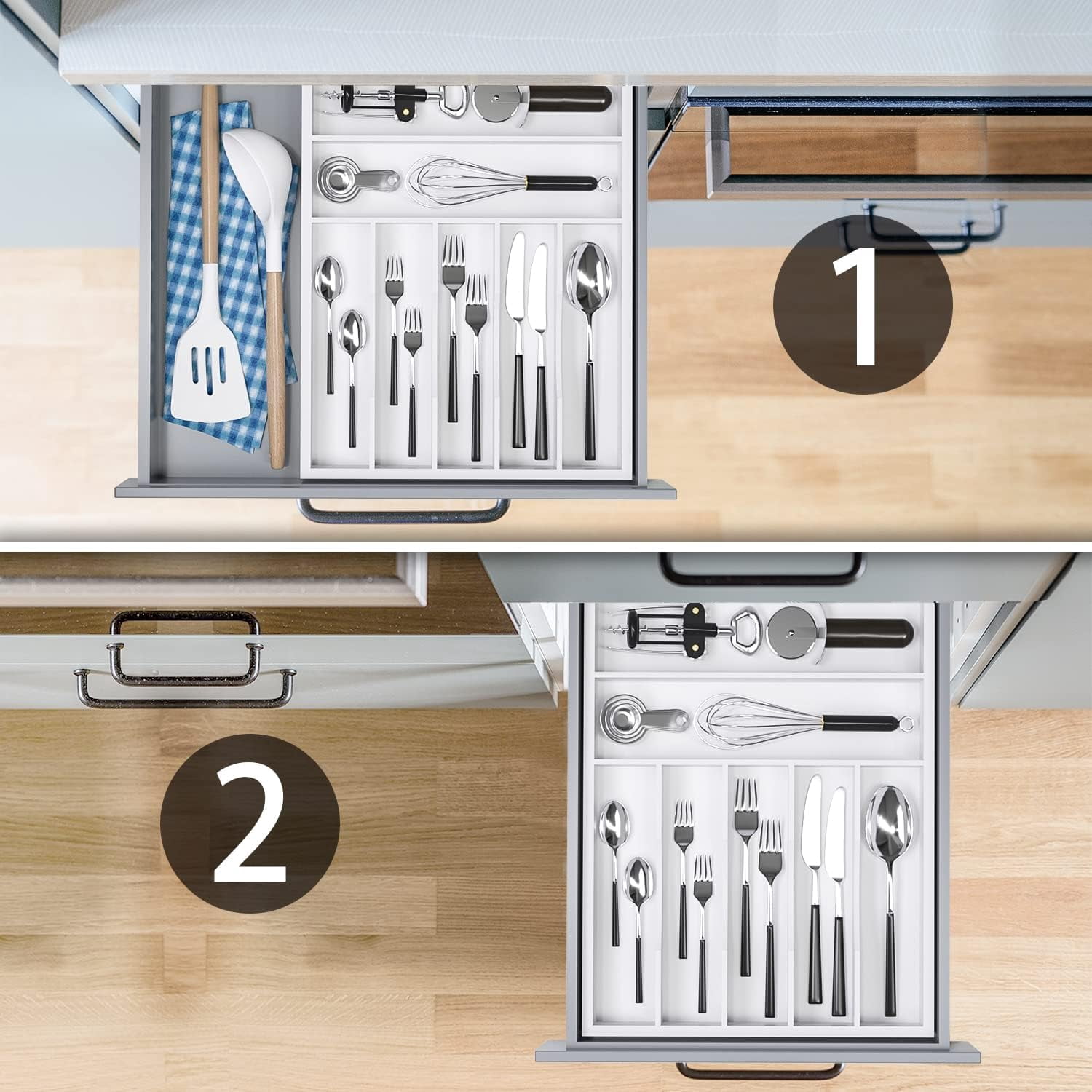 Utensil Organizer Silverware Drawer Organizer - Bamboo Expandable Cutlery Tray with Dividers for Utensil Holder Office Storage Makeup Desk Drawer Tool OrganizationExpandable,  with Dividers,