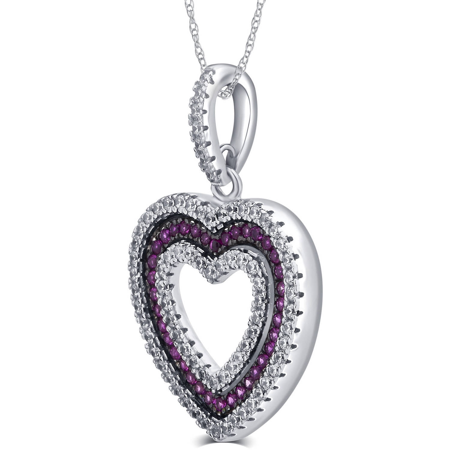 1/4 Carat T.G.W. CZ and Created Ruby Gemstone Sterling Silver Heart Pendant Necklace, 18" Chain