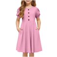 thumbnail image 3 of Girls Summer Dresses Crewneck Puff Sleeve Midi Dress Loose Fit Flowing A Line Dress with Button Decoration 5-15 Years, 3 of 5