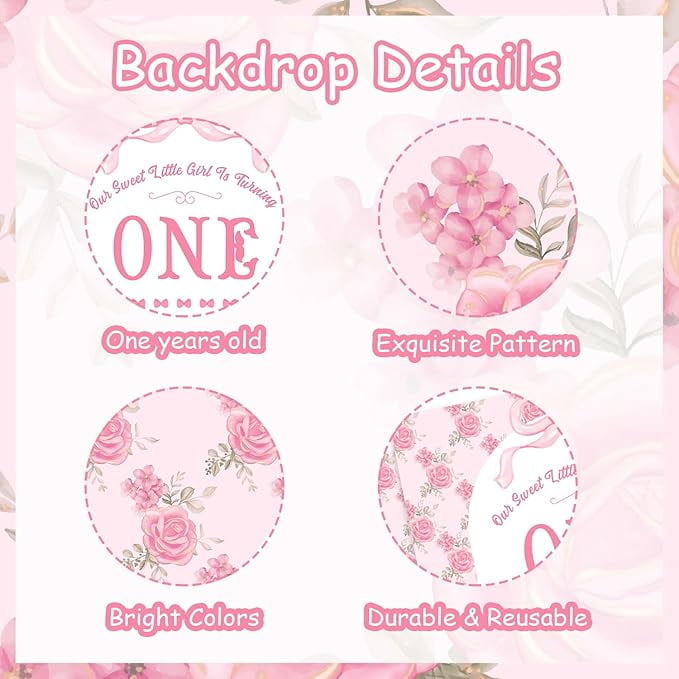 72PCS Pink Bow Princess 1st Birthday Decoration - Bow Garland Arch Kit Our Sweet Little Girl Is Turning One Backdrop Pink Bow Number 1 Foil Balloon for Baby Princess Girl 1st Birthday Party Supplies