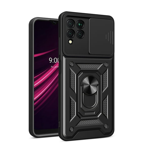 For T-Mobile Revvl 6 Pro 5G Hybrid Cases with Kickstand, Slide Camera Lens Protection 360° Rotate Ring Stand Phone Case Cover by Xpression - Black