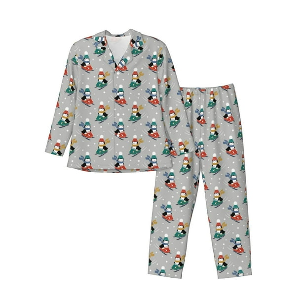 Fotbe Skiing penguin Pijama de Hombre con Estampado de Manga Larga, Conjunto de 2 Piezas, Ropa de Dormir Suave y Cómoda con Bolsillos-X-Large