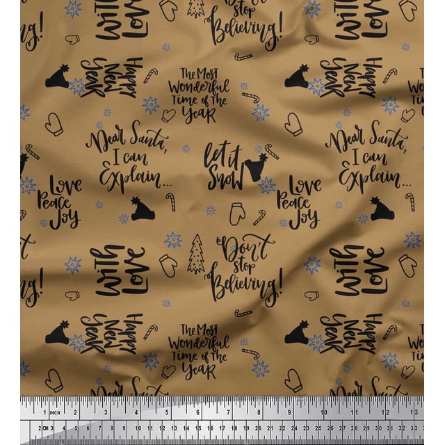 Soimoi Brown Poly Georgette Fabric Christmas Tree & Love Peace Joy Text Print Fabric by Yard 52 Inch Wide