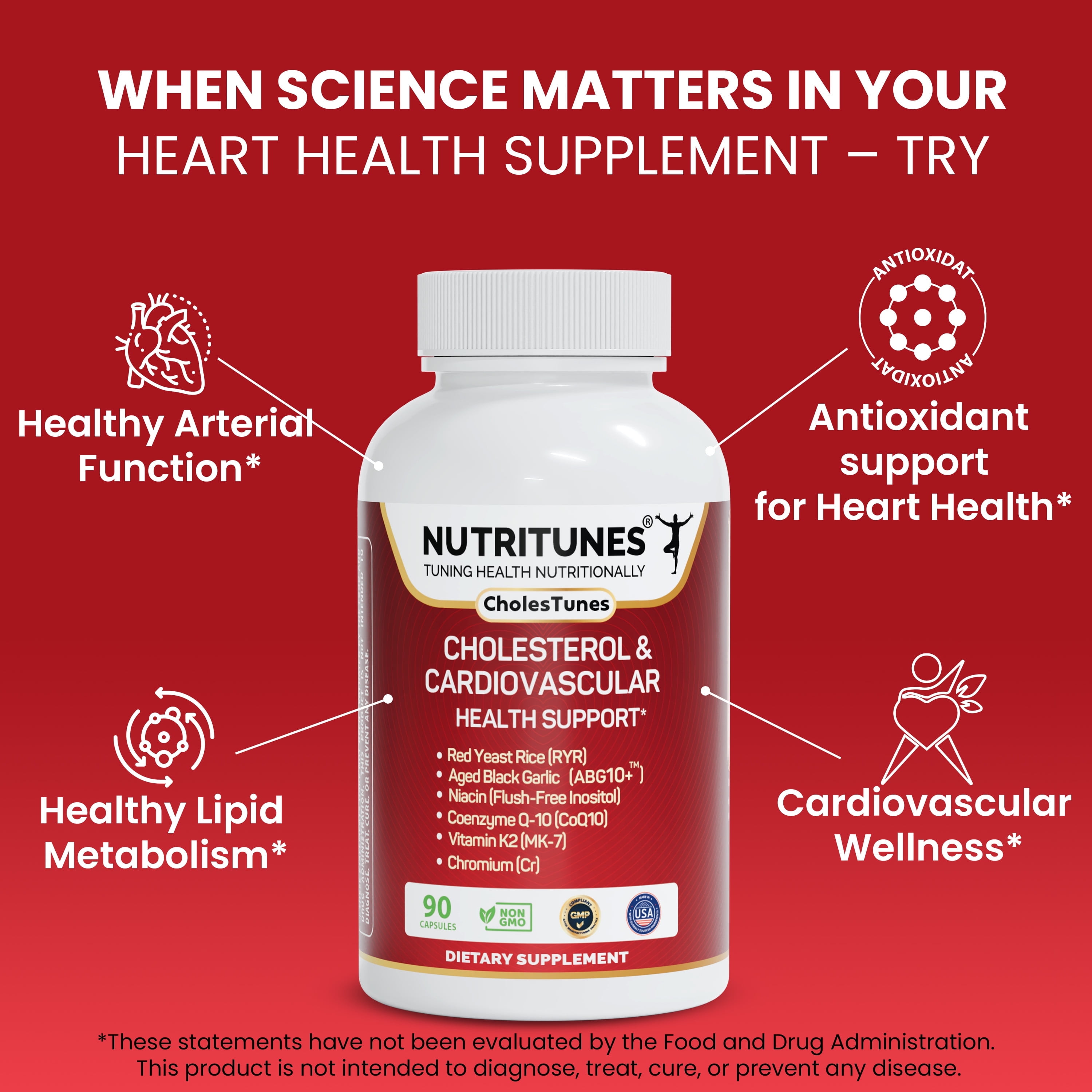 Cholestunes –Cholesterol & Heart Health Support Advanced Supplement  Red Yeast Rice (RYR), Aged Black Garlic CoQ10, Niacin (Flush-Free), Chromium & Vitamin K2– 90 Capsules