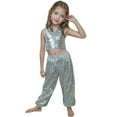 thumbnail image 2 of Girls Elastic Waist Pants Glitter Sequin Elastic Waistband Skateboard Hop Girls Stretch Jeans,Silver,140, 2 of 4