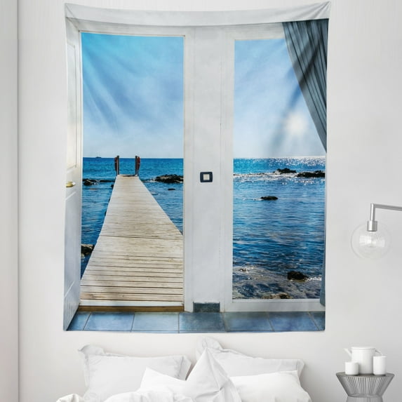 Scenery Tapestry, Coastal Theme with the Ocean Sea Sunny Day Scenery with Patio from Window, Fabric Wall Hanging Decor for Bedroom Living Room Dorm, 5 Sizes, Pale Blue and White, by Ambesonne