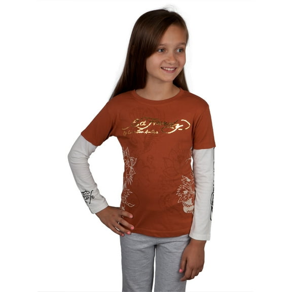 Ed Hardy - Side Skull Stencil Girls Juvy 2fer Long Sleeve T-Shirt - Juvy 4/5