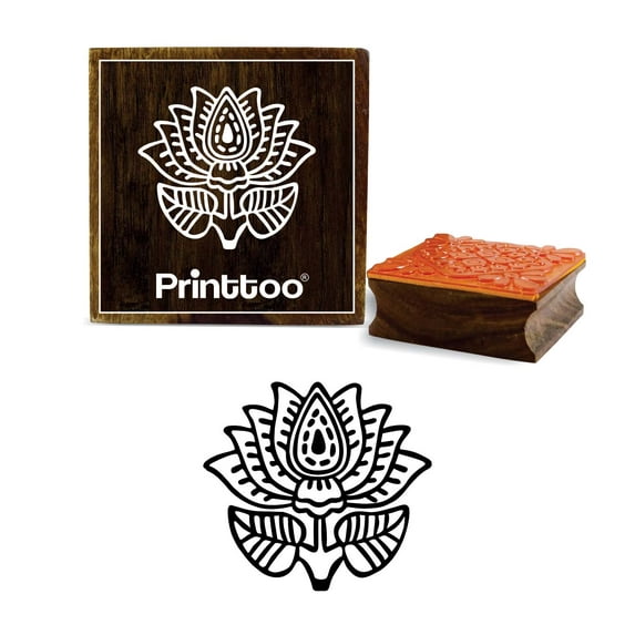 Printtoo Craft Textile Lotus Floral Design Card Print Square Wooden Rubber Stamp-5 x 5 Inches