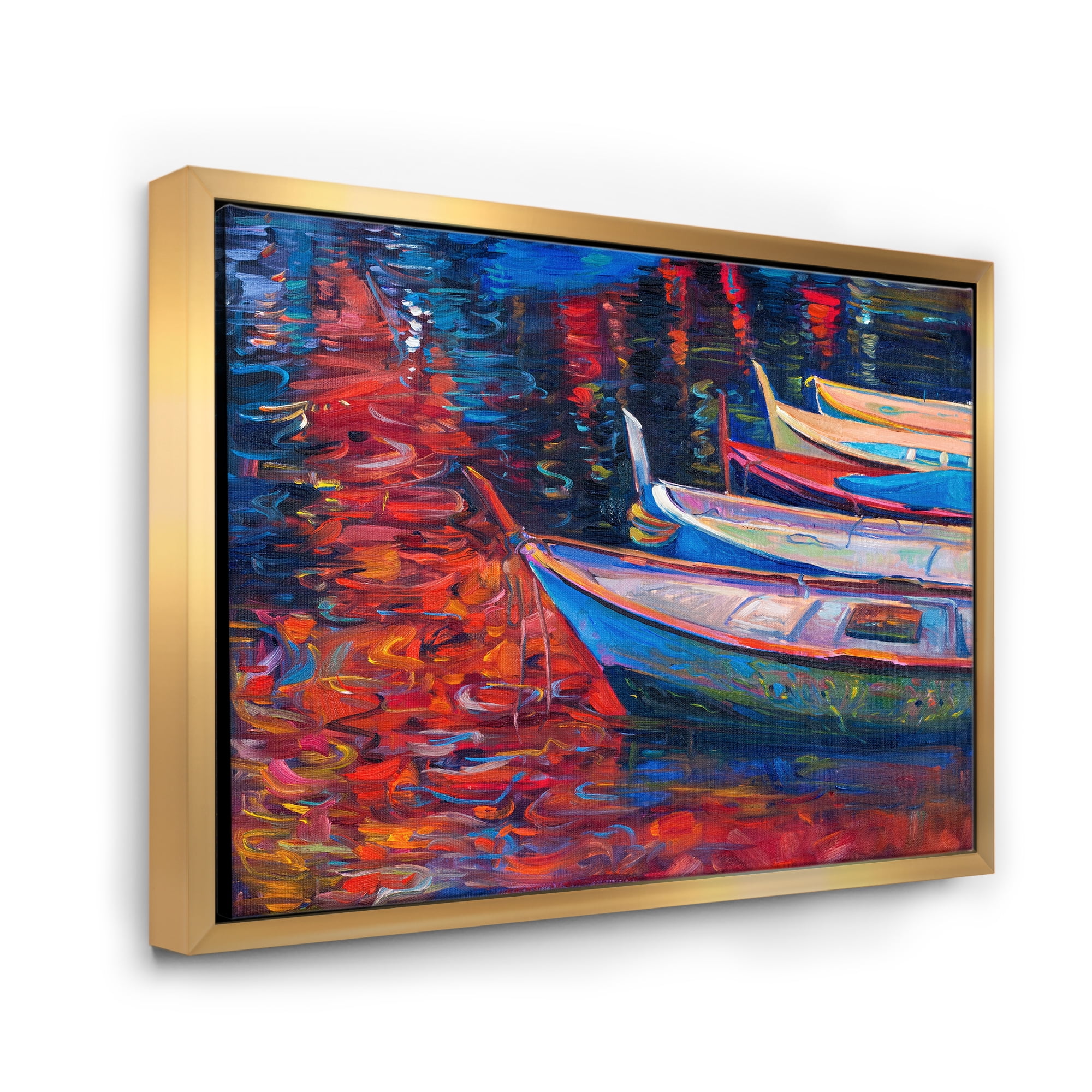 Designart 'Boats During Warm Sunset Resting On The Water IX' Nautical & Coastal Framed Canvas Wall Art Print