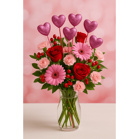 Pink Valentine’s Day Wooden Glitter Heart Picks, Pink, 7-Count