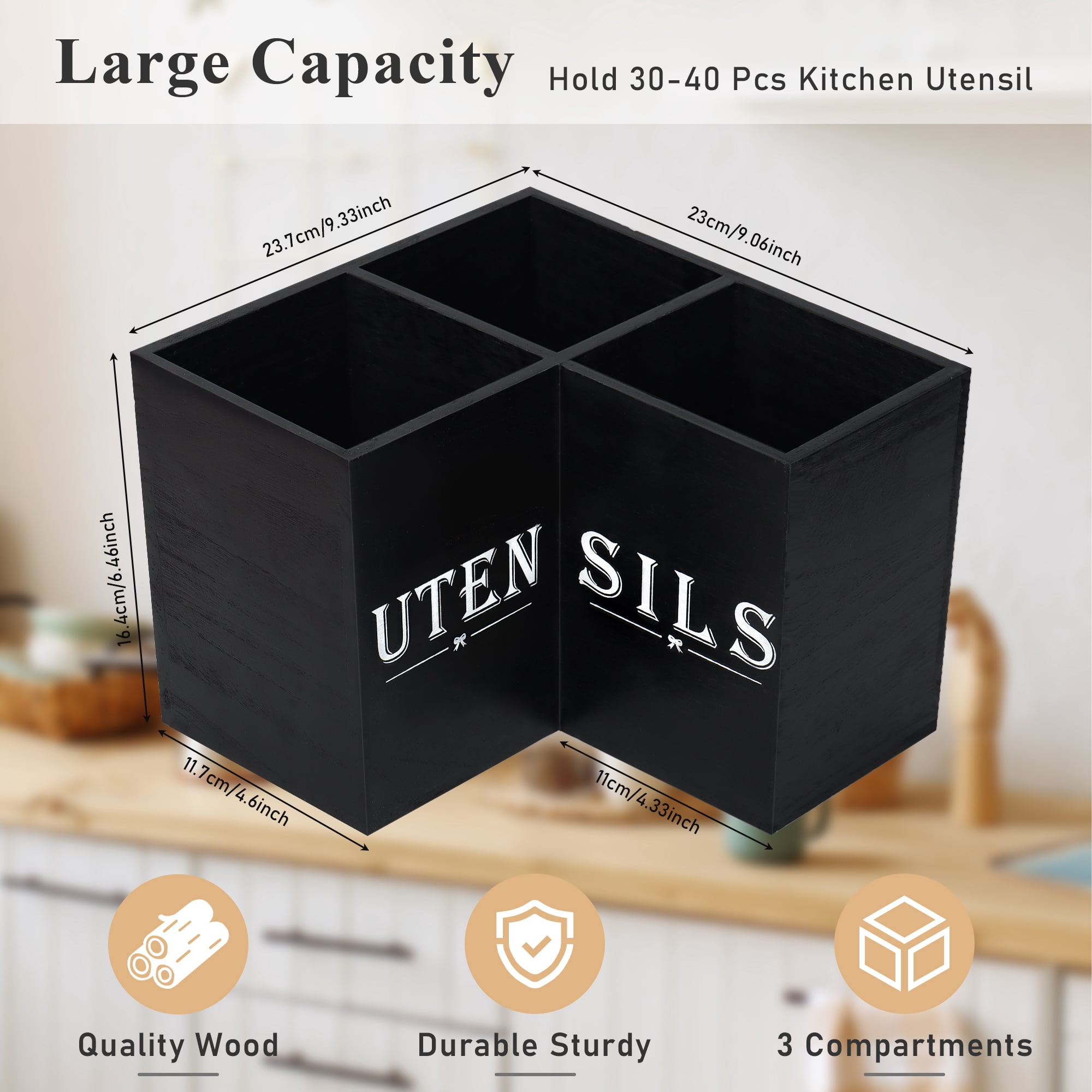 Kitchen Utensils Holder with 3 Compartments,Extra Large Corner Utensil Caddy for Countertop,Wooden Utensil Organizer for Kitchen Countertop, Black