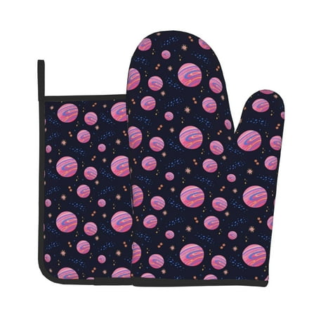 

Zeuib Pink Planets And Stars Print Oven Mitt & Pot Holder Set 2-Pack Kitchen Gloves and Hot Pads for Cooking BBQ Grilling Baking