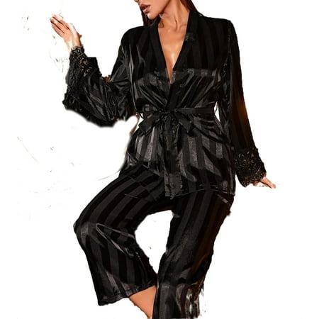 

V neck Elegant Plain Pant Sets Black Long Sleeve Women Pajama Sets
