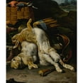 thumbnail image 2 of Melchior d'Hondecoeter 12x14 Black Ornate Wood Framed Double Matted Museum Art Print Titled: A&nbsp;Brace of Rabbits and Small Birds with Hunting Equipment in a Landscape, 2 of 5