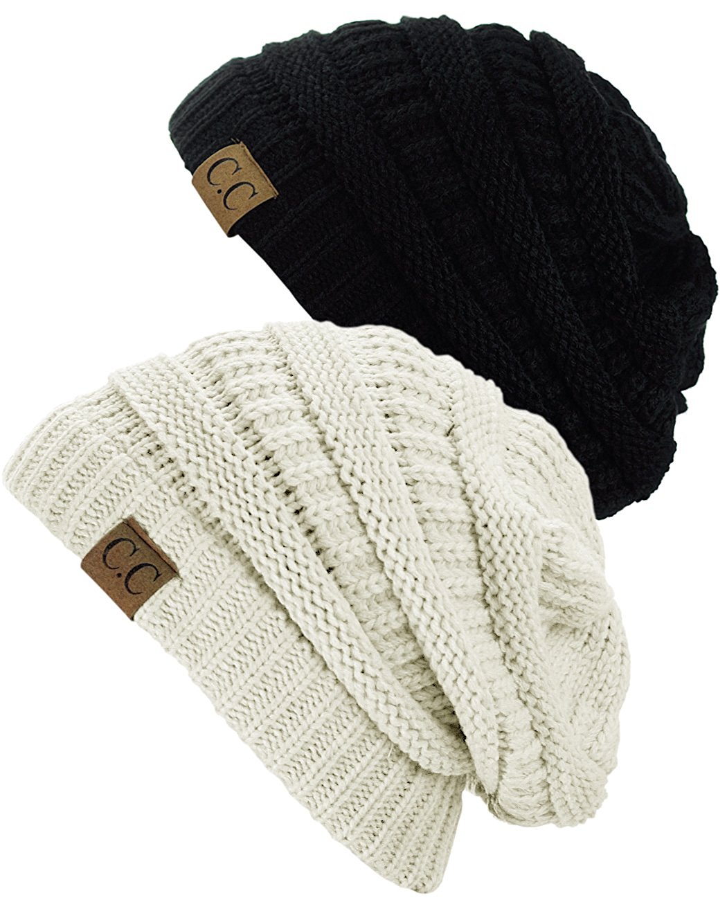 C.C Women's Knit Beanie Cap Hat (2 PACK), Black/Ivory