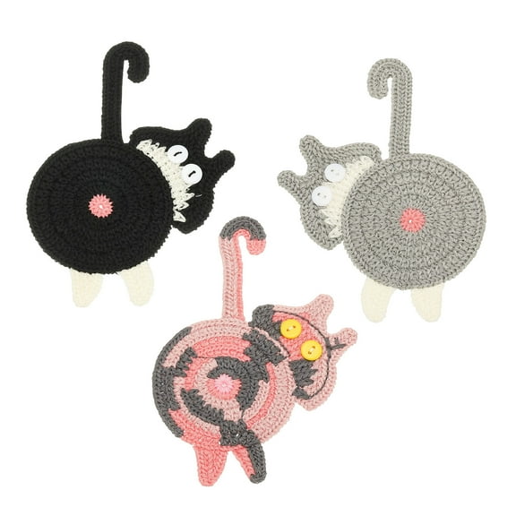 3PCS Cat Coasters, 15CM Cute Coasters Cat Butt Crochet Funny for Desk Adults Home Decor Drinks Gifts Coffee, Pink Gray Black