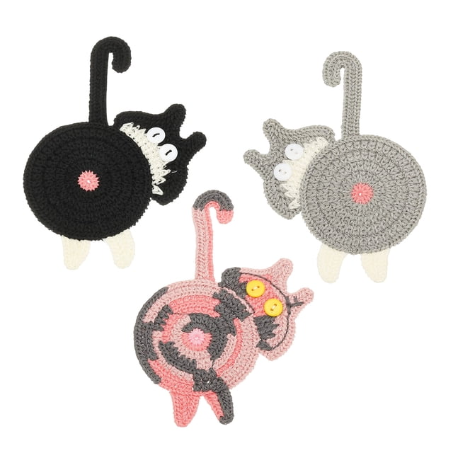 3PCS Posavasos de Gato, 15CM Posavasos Lindos de Trasero de Gato de Crochet Divertidos para Escritorio Adultos Decoración del Hogar Bebidas Regalos Café, Rosa Gris Negro