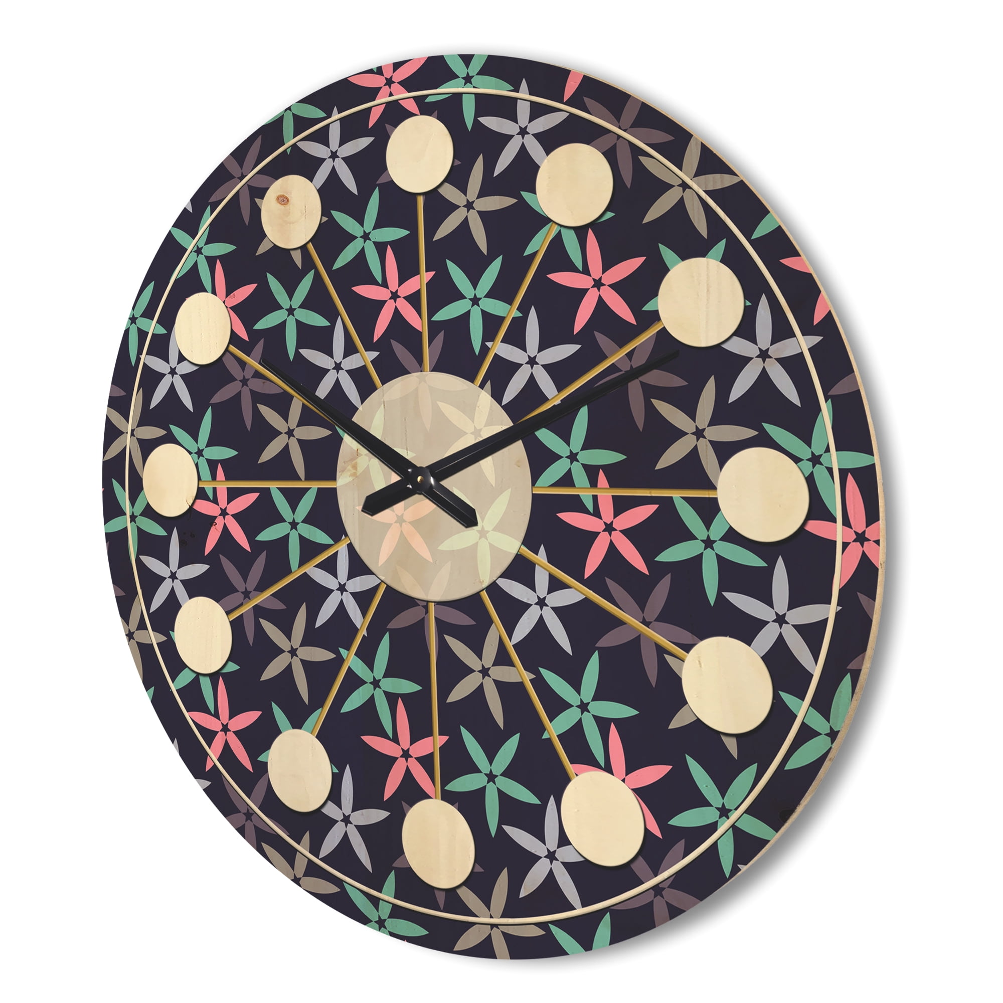 Designart 'Abstract Retro Flower Design V' Mid-Century Modern Wood Wall Clock