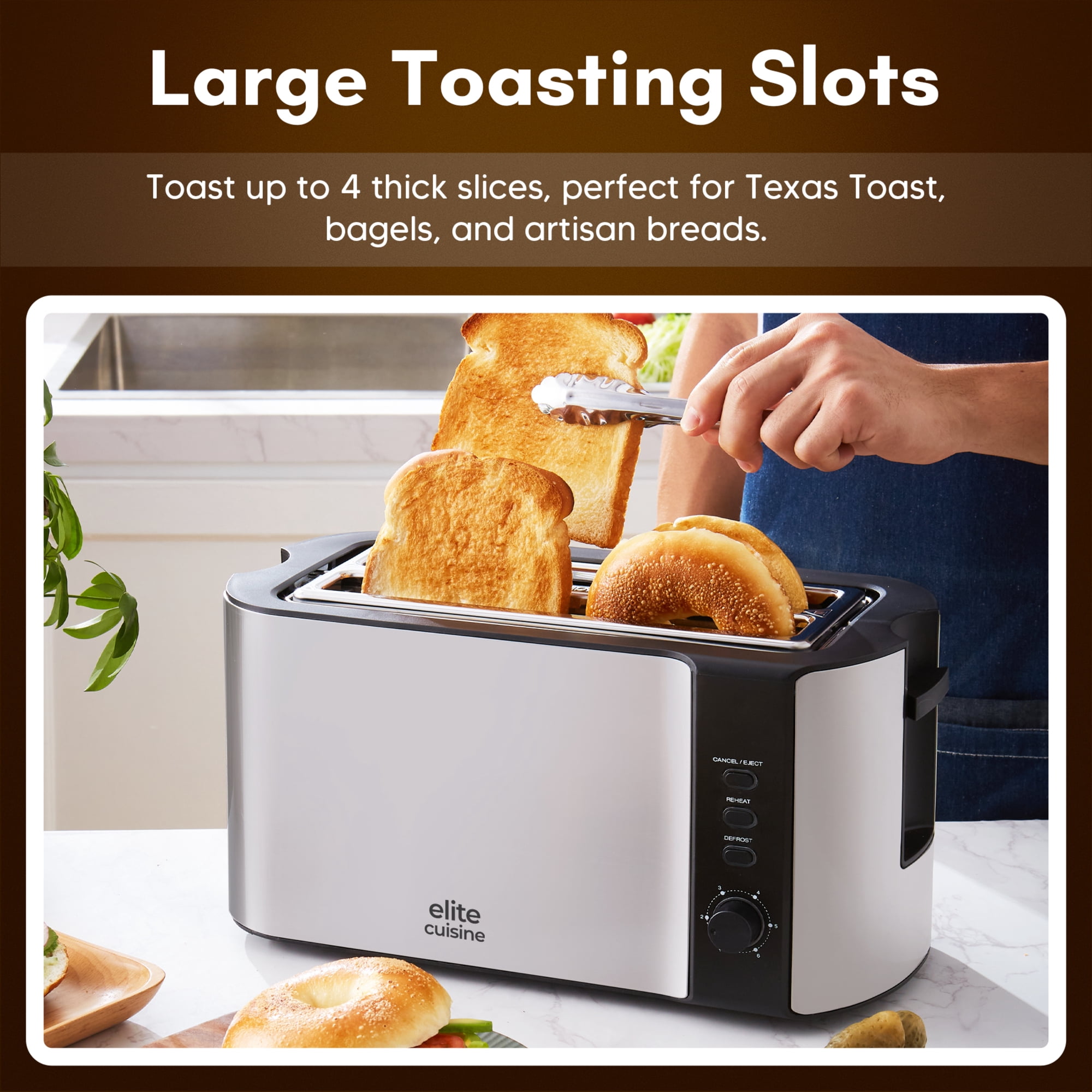 Elite Cuisine ECT3051 Stainless Steel 4 Slice Long Slot Toaster