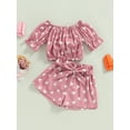 thumbnail image 2 of Mialoley Toddler Girls Summer Outfit Sets Short Sleeve Off Shoulder Tops + Heart Print Shorts with Belt, 2 of 9