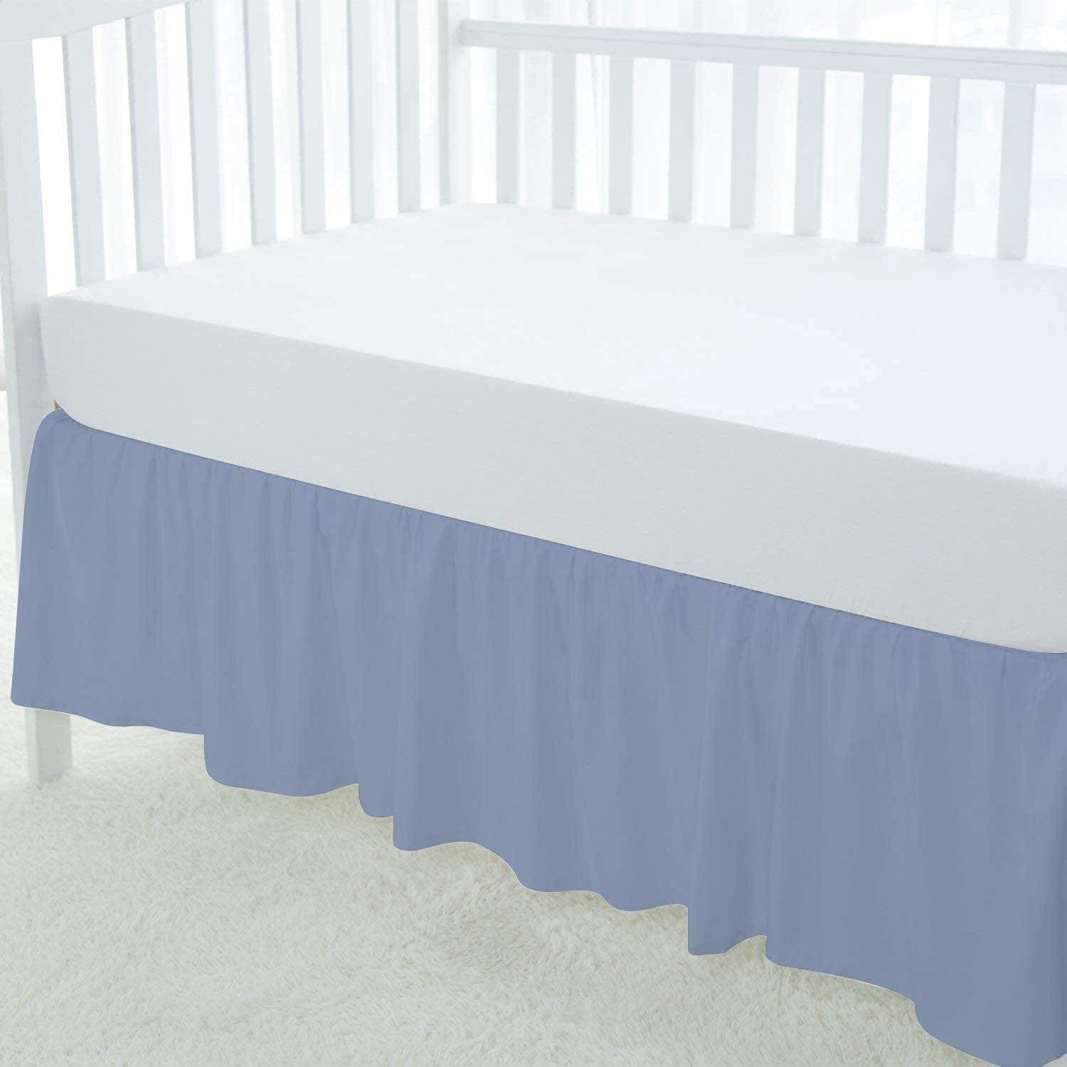 Crib Skirt Dust Ruffle, 100% Egyptian Cotton 800 Thread Count, Nursery Crib Toddler (28" x 52" x 14") Bedding Skirts for Baby Boys or Girls, 14" Drop, Light Blue Solid