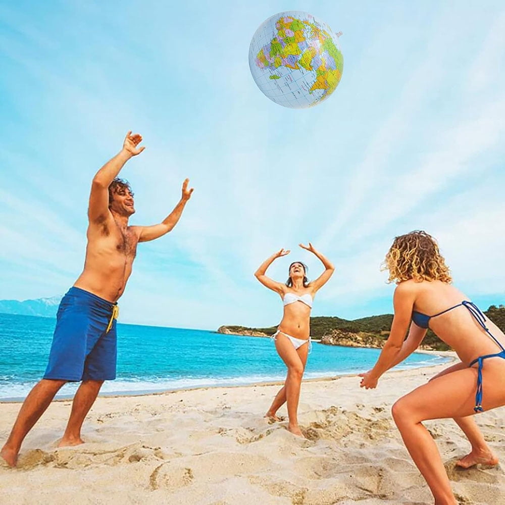 Inflatable Earth Beach Topographic Map Globe, 16 Inches Earth Blow Up World Globe, English Beach Ball Teaching Stand Glob, World Glob Ball for Kids School Classroom Geography Party