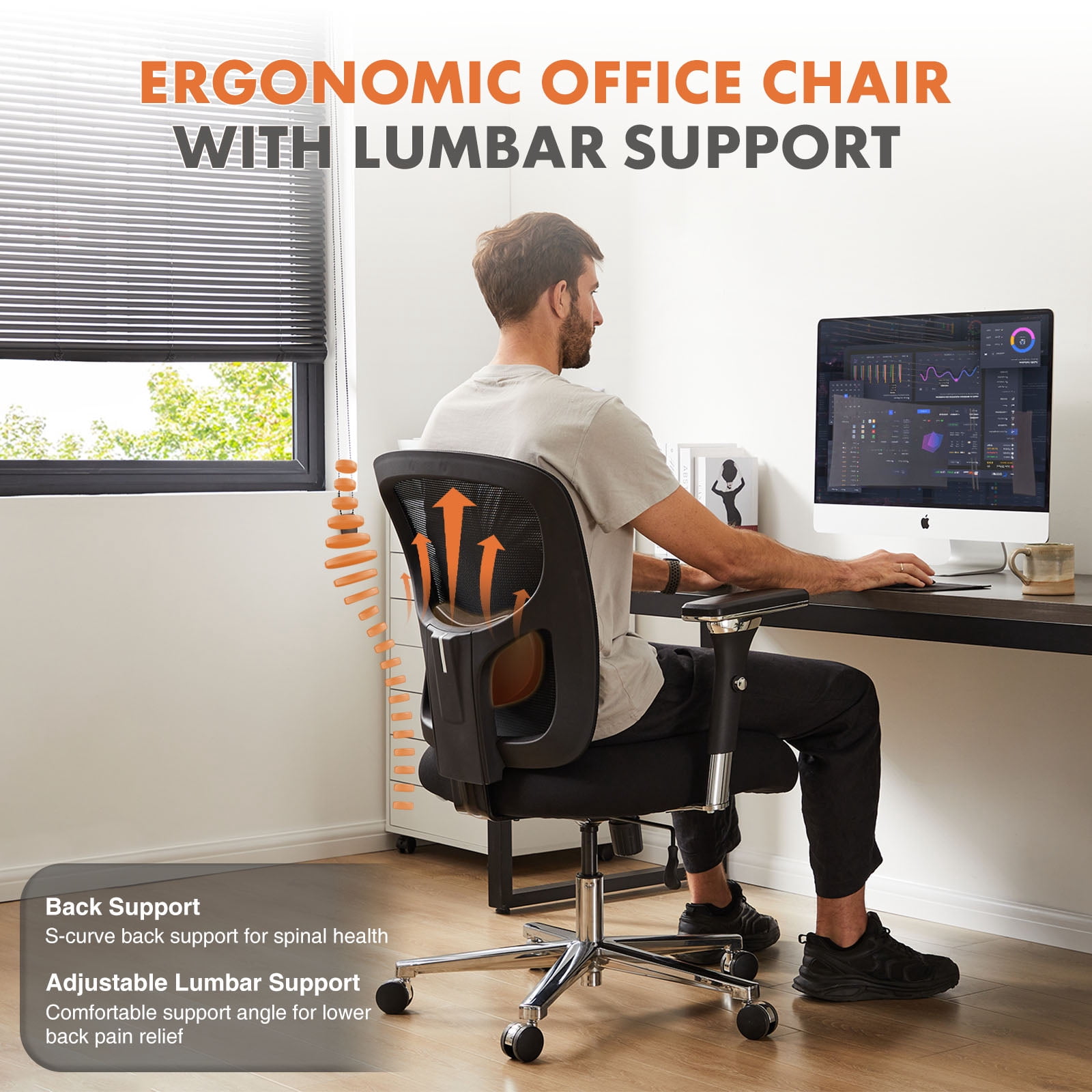 MAYEERTY Ergonomic Office Chair, Comfort Home Office Task Chair, Lumbar Support Computer Chair with Flip-up Arms, Black