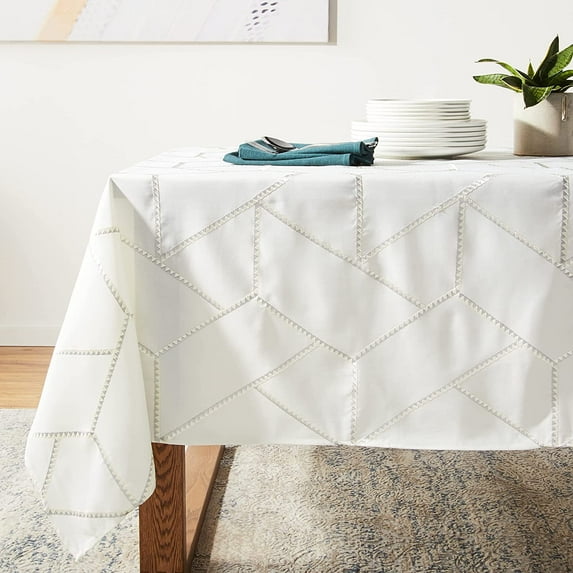 Violet Linen Swiss Modern Geometric Pattern, Polyester Embroidered, White, 70 Inch by 120 Inch, Seats 10 to 12 people, Rectangular Tablecloths