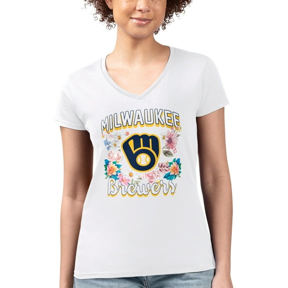 Women's G-III 4Her by Carl Banks White Milwaukee Brewers Super-Slim Fit Lightweight Flowers Graphic V-Neck T-Shirt