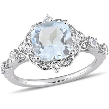 Tangelo 2-3/5 Carat T.G.W. Aquamarine, White Sapphire and Diamond-Accent 14kt White Gold Vintage Ring
