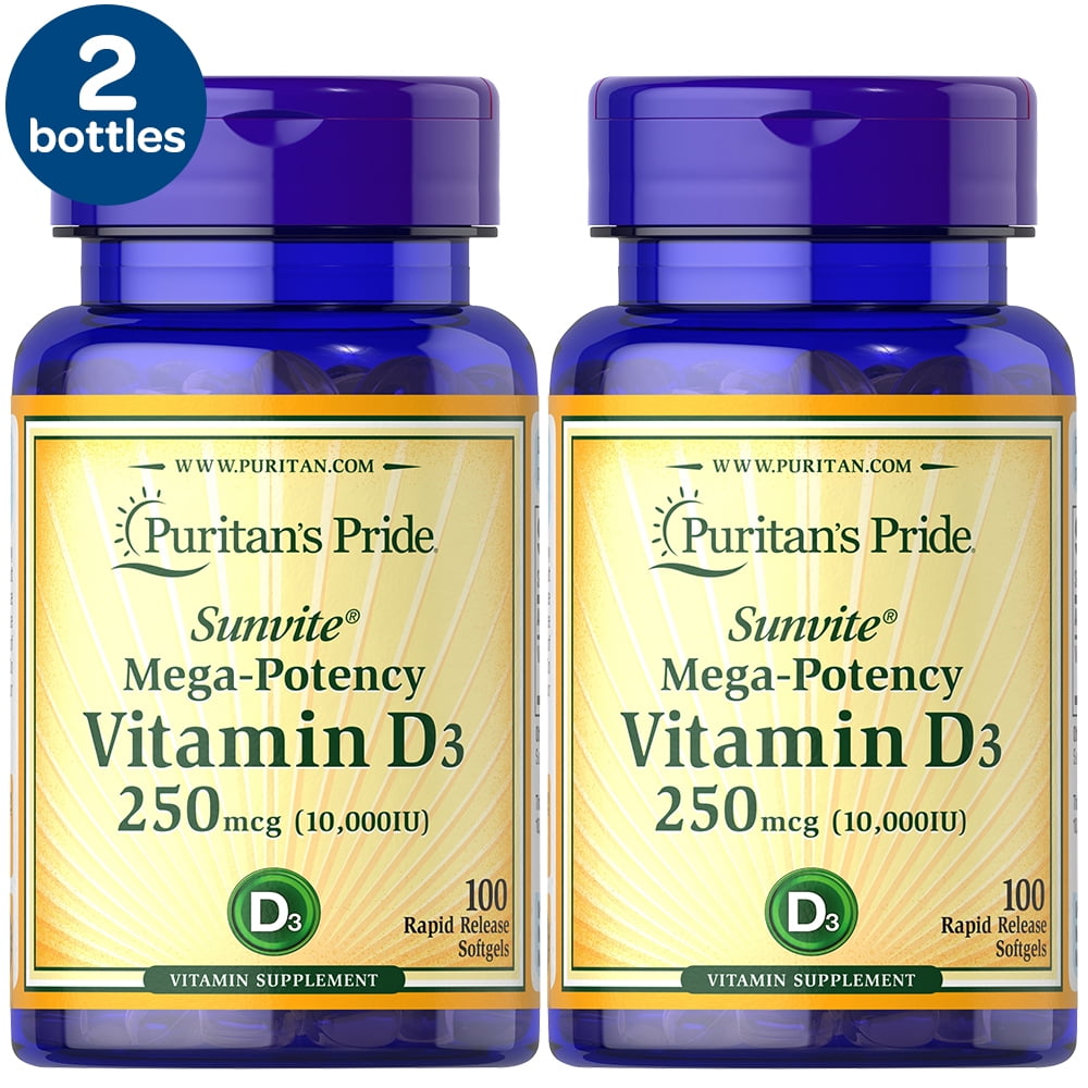 2 Pack Puritan's Pride Vitamin D, 10000 IU, 100 Softgels