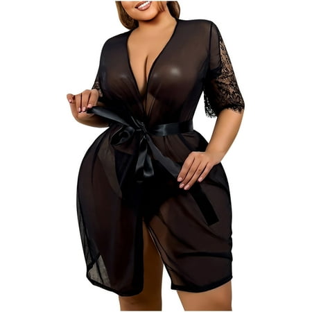 Wdfiry Women Sexy Lingerie Lace Nightie Dress Sheer Transparent Kimono Nightgown Robe with Panties