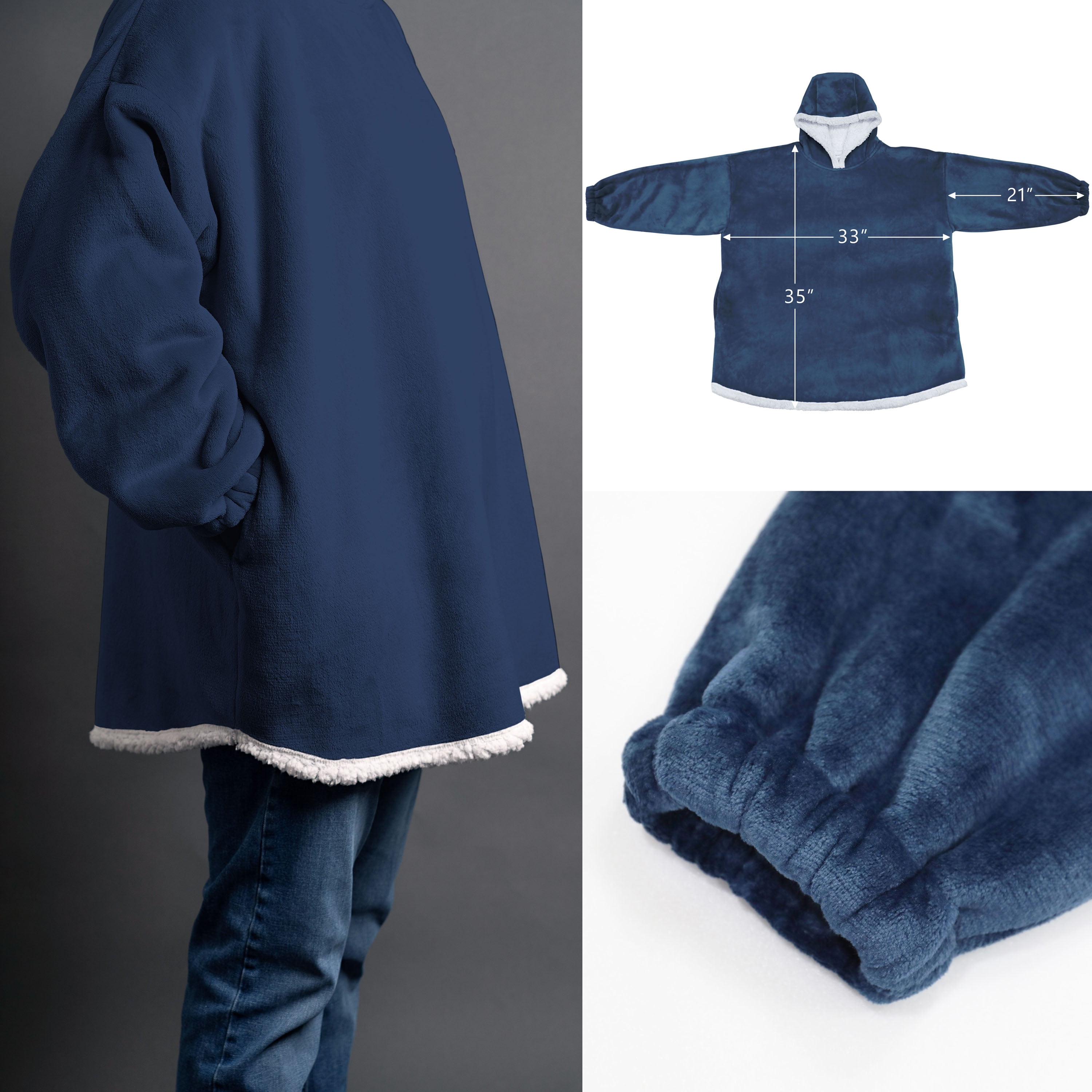Mainstays Wearable Sherpa Hoodie Throw Blanket, One Size 35" x 33", Indigo