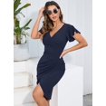 thumbnail image 4 of Owin Women's Summer Sexy V Neck Ruffle Sleeve Faux Wrap Ruched Sheath Bodycon Cocktail Party Work Dress, 4 of 4