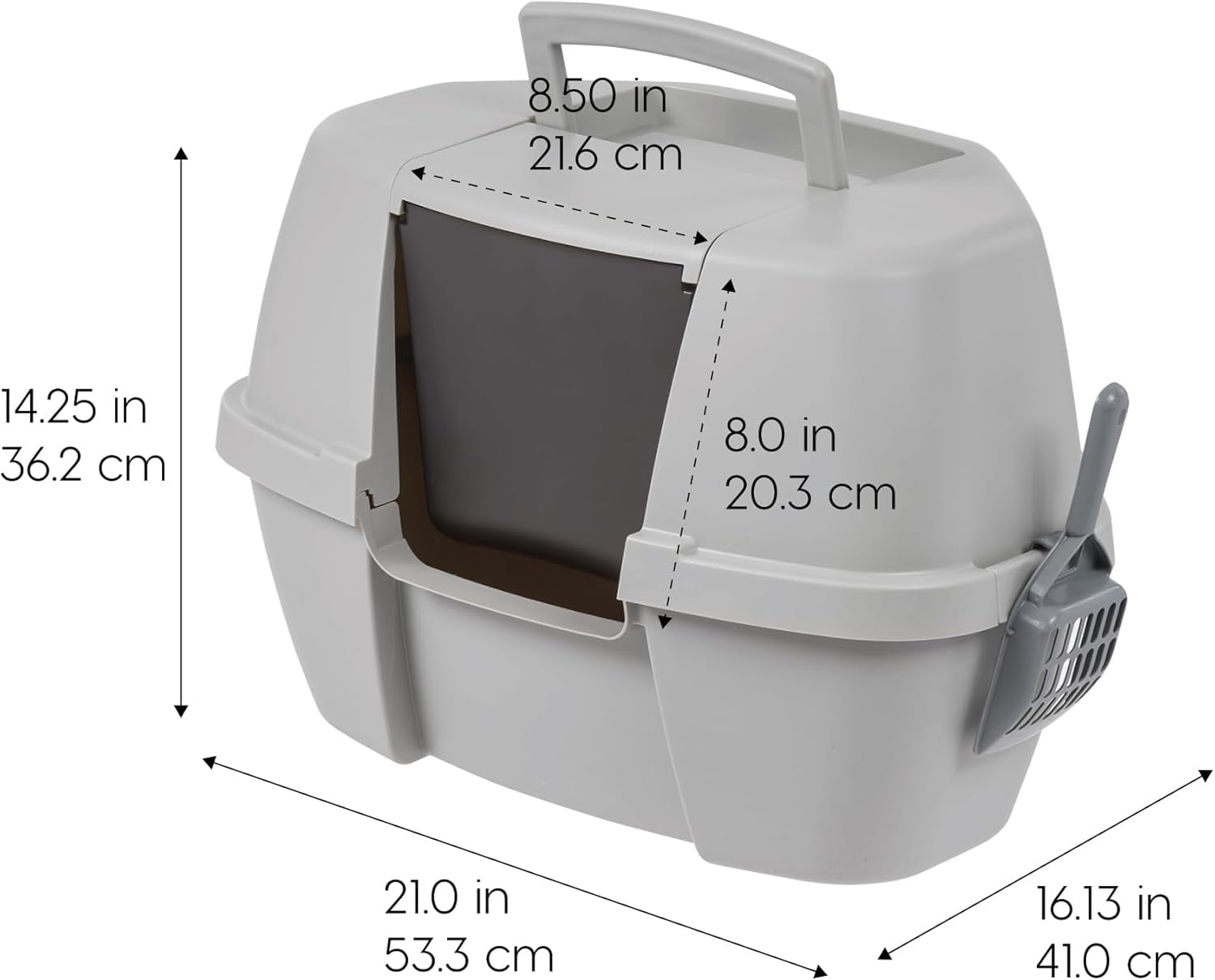 IRIS USA Large Corner Cat Litter Box with Lid | Enclosed Design, Scoop, Handle & Buckles, Gray