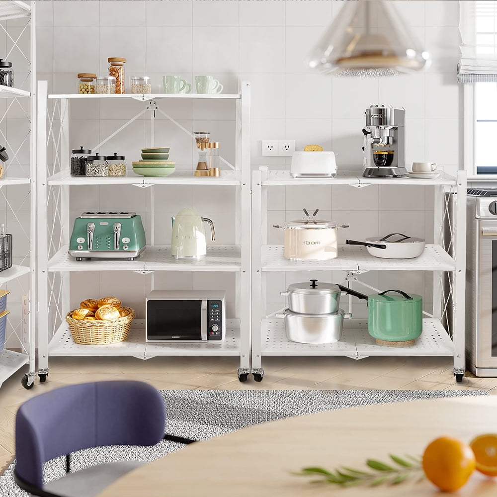 COOKCOK 4-Tier Storage Shelving Unit, Metal Shelf, Foldable Storage Shelf with Wheels, 27.9"x13.4"x49.72" Garage Shelf, Kitchen Shelf with 4 Hooks, No Assemble Require, White