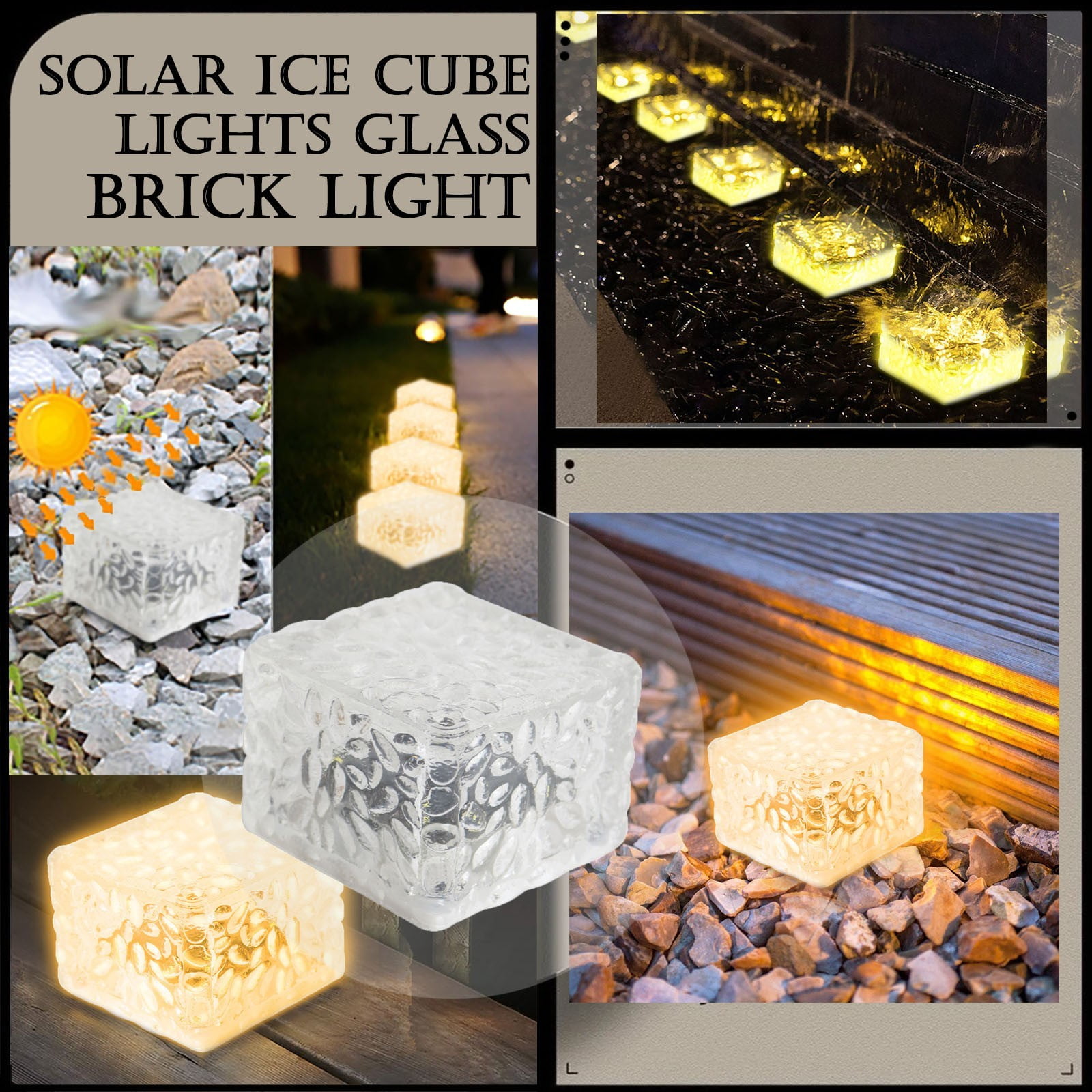 Solar Power LED Ice Cube Glass Outdoor Graden Brick Lights Lamp 6 Color 