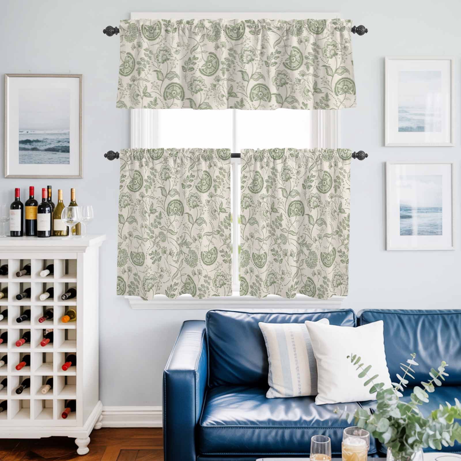 Farmhouse Sage Green Floral Kitchen Curtains Valances 3 Piece Set, Linen Boho Paisley Flower Rustic Rod Pocket Tier Curtain and Valance Drapes for Small Window 36 Inch Length for Bedroom Cafe