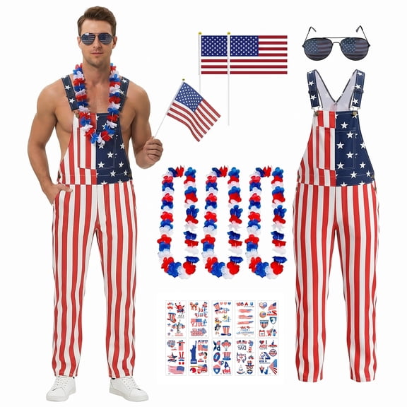 Forfamy American Flag Overalls Shorts for Men Women Patriotic Overalls Bib Jumpsuit, Adjustable Straps Coveralls with Pockets, Fourth of July