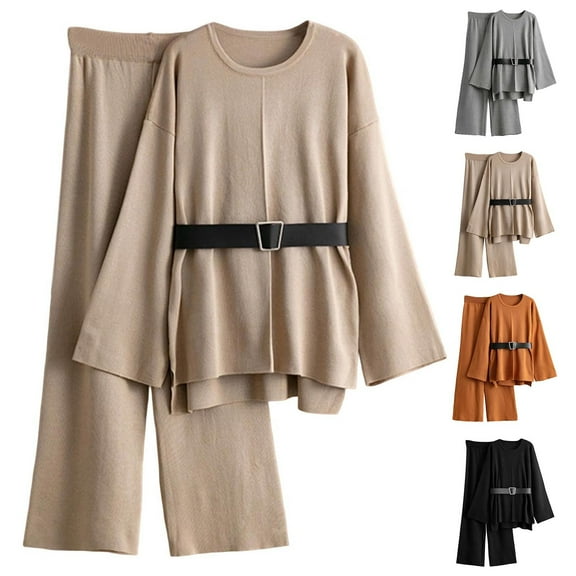 Bixock Women Fall and Winter Outfit Set,Women Two-piece Set,Women's Two-piece Set Solid Color Round Neck Belted Sweater With Slit Hem and Pants Set